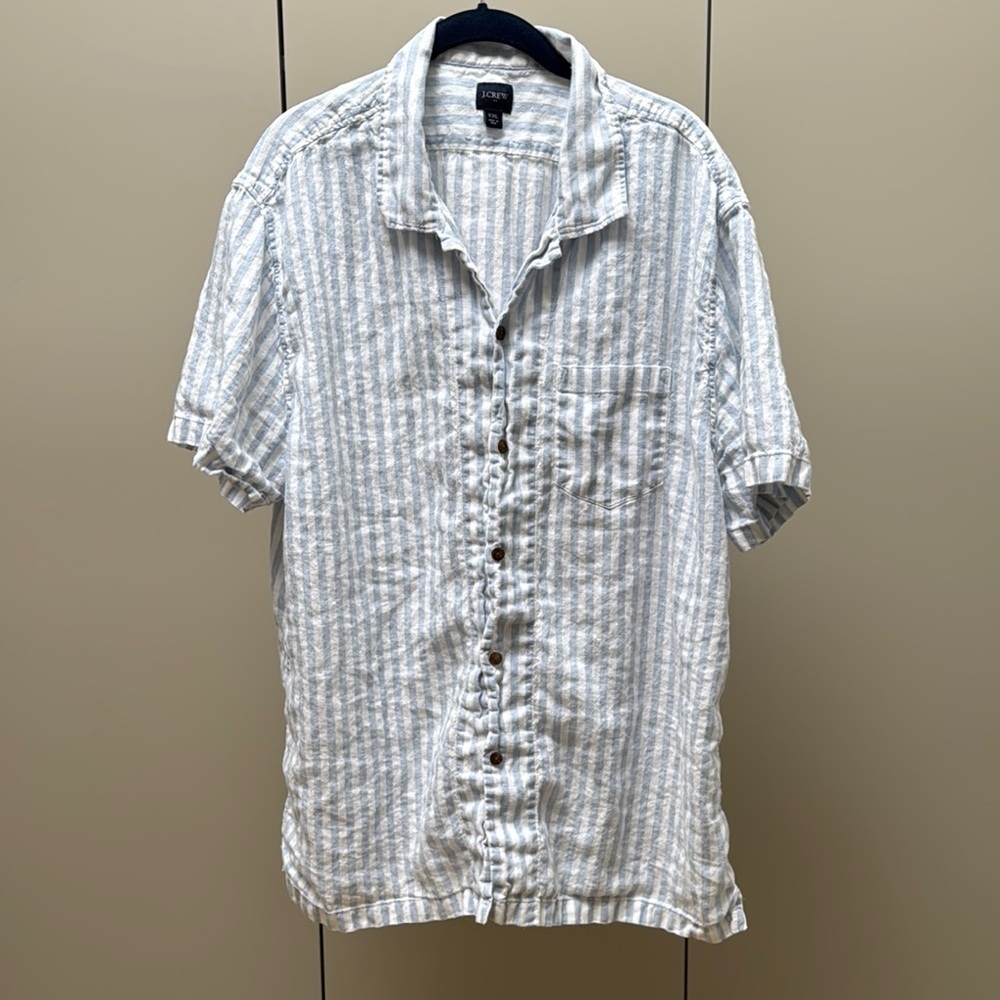 J CREW White Blue Striped Linen Casual Button Down Collared Short Sleeve Shirt